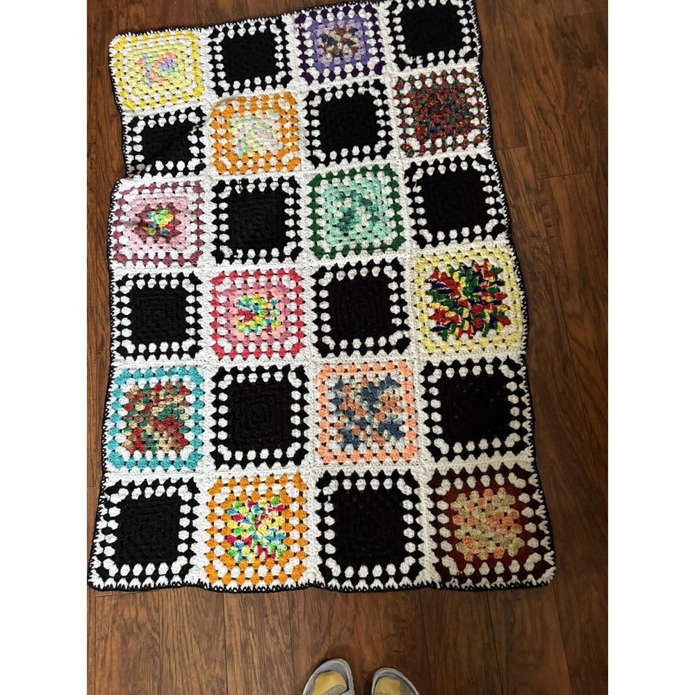 Vintage Crocheted Black Granny Square Afghan‎ Throw